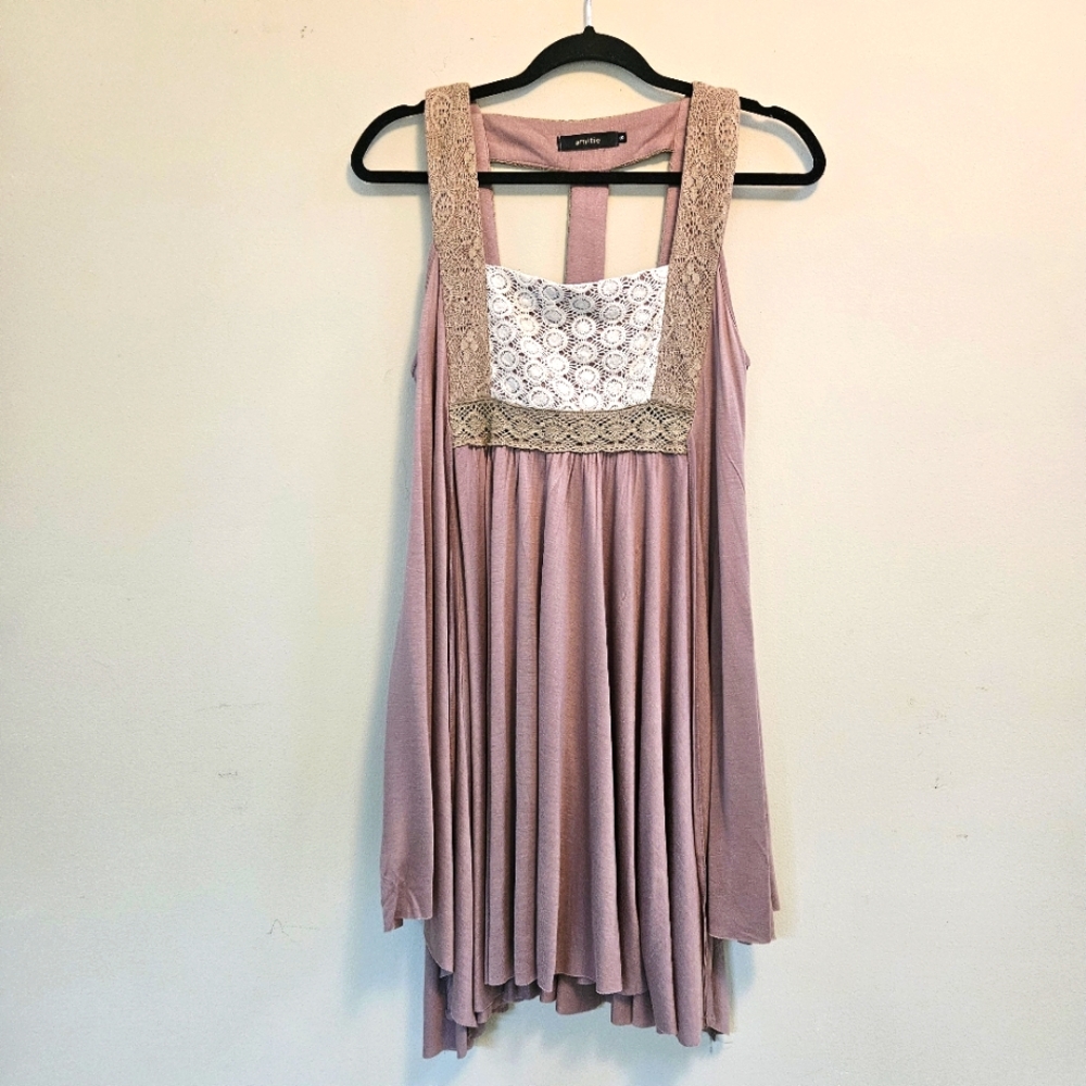 amitie Women Sz S Tunic Top Bohemian Crochet Detail Taupe Color Asymmetrical